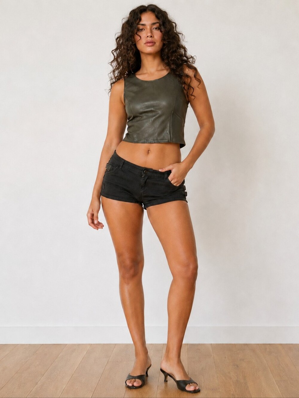 Zara Olive Faux Leather Crop Top Y2K Indie Sleaze Minimalist XS